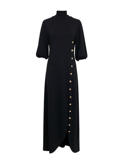 Women's elegant black cotton blend maxi dress | Chic puff sleeve evening gown 2