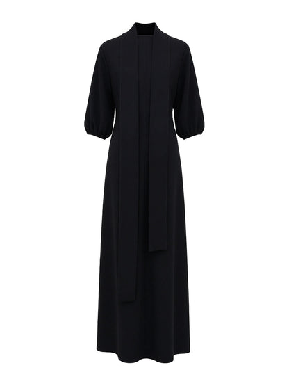 Women's elegant black cotton blend maxi dress | Chic puff sleeve evening gown 3