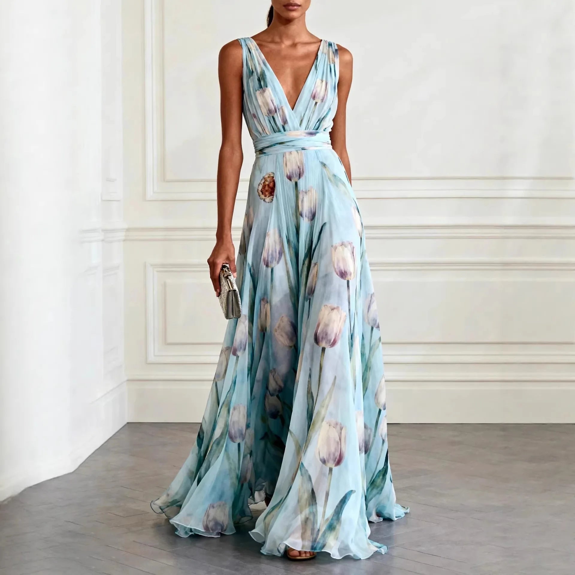 Women's elegant chiffon tulip dress | Flowy formal wedding guest attire 0