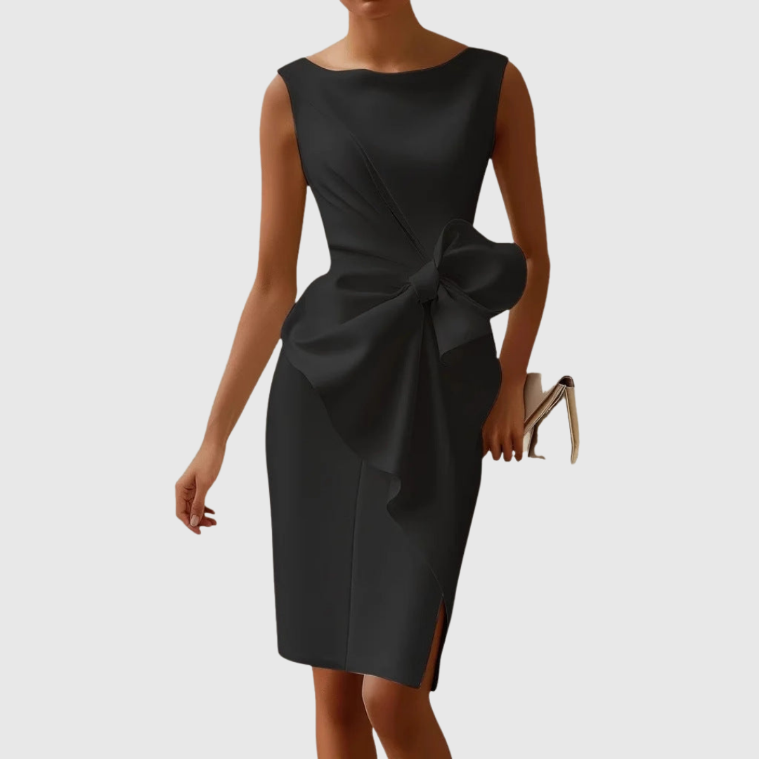 Women's elegant fabric blend midi dress | Sleek sleeveless cocktail dress with bow accent 0