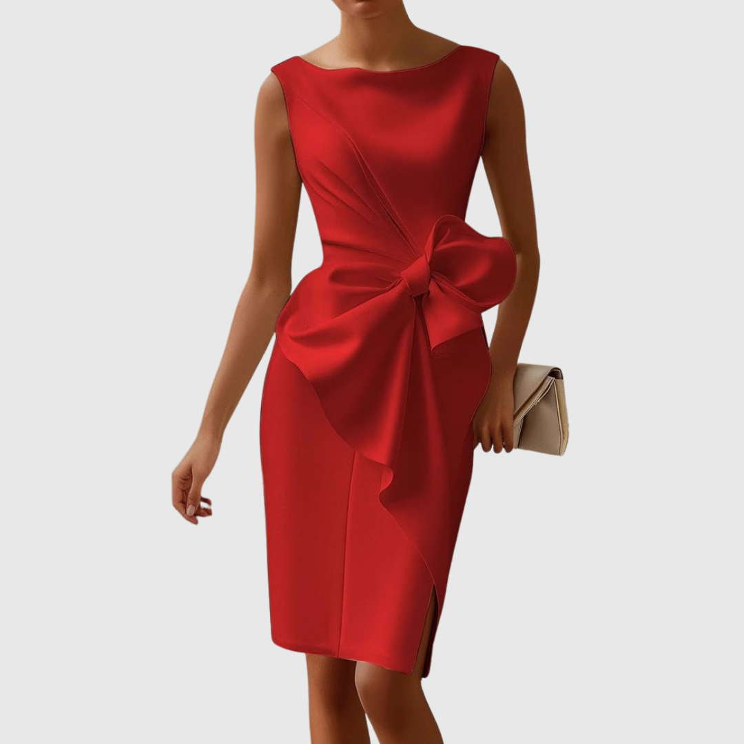 Women's elegant fabric blend midi dress | Sleek sleeveless cocktail dress with bow accent 1