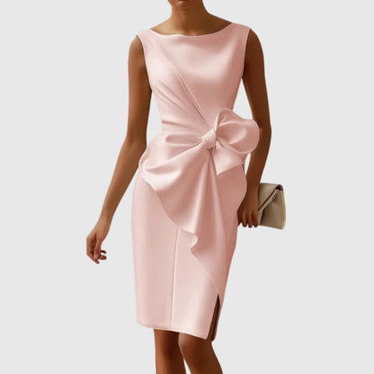 Women's elegant fabric blend midi dress | Sleek sleeveless cocktail dress with bow accent 2