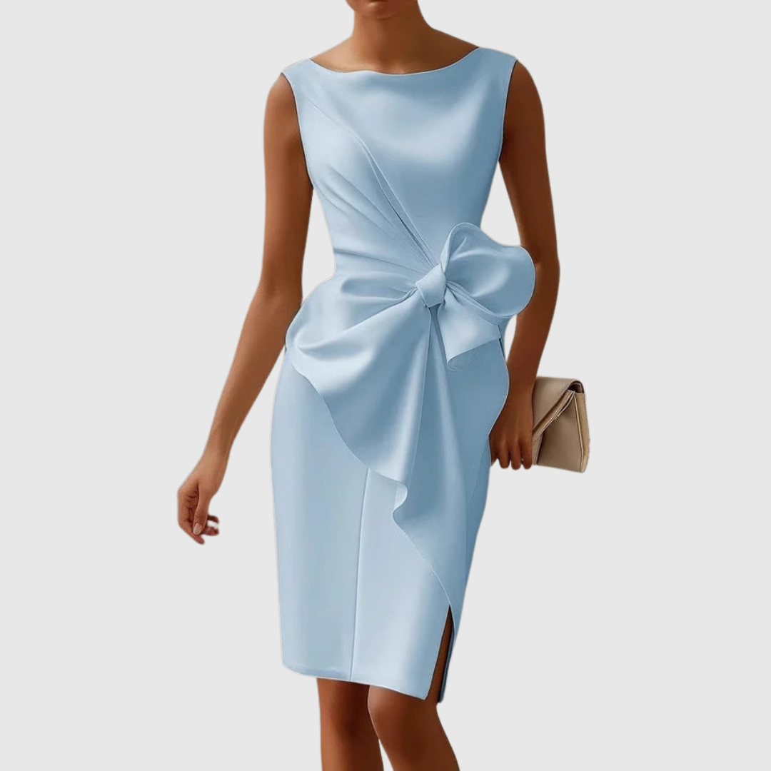 Women's elegant fabric blend midi dress | Sleek sleeveless cocktail dress with bow accent 3