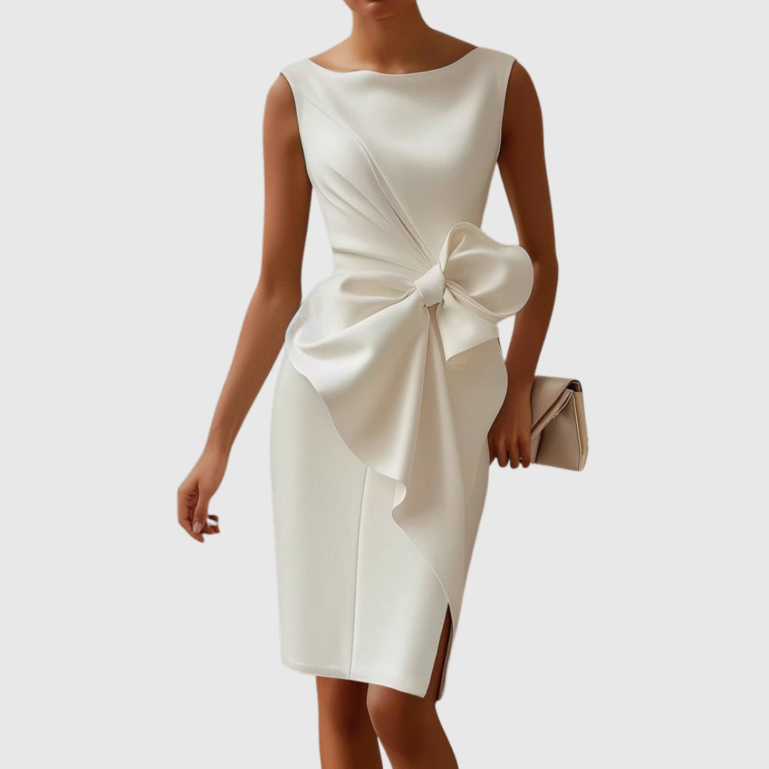 Women's elegant fabric blend midi dress | Sleek sleeveless cocktail dress with bow accent 4