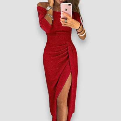 Women's elegant fabric cocktail dress | Timeless off-shoulder evening gown 4