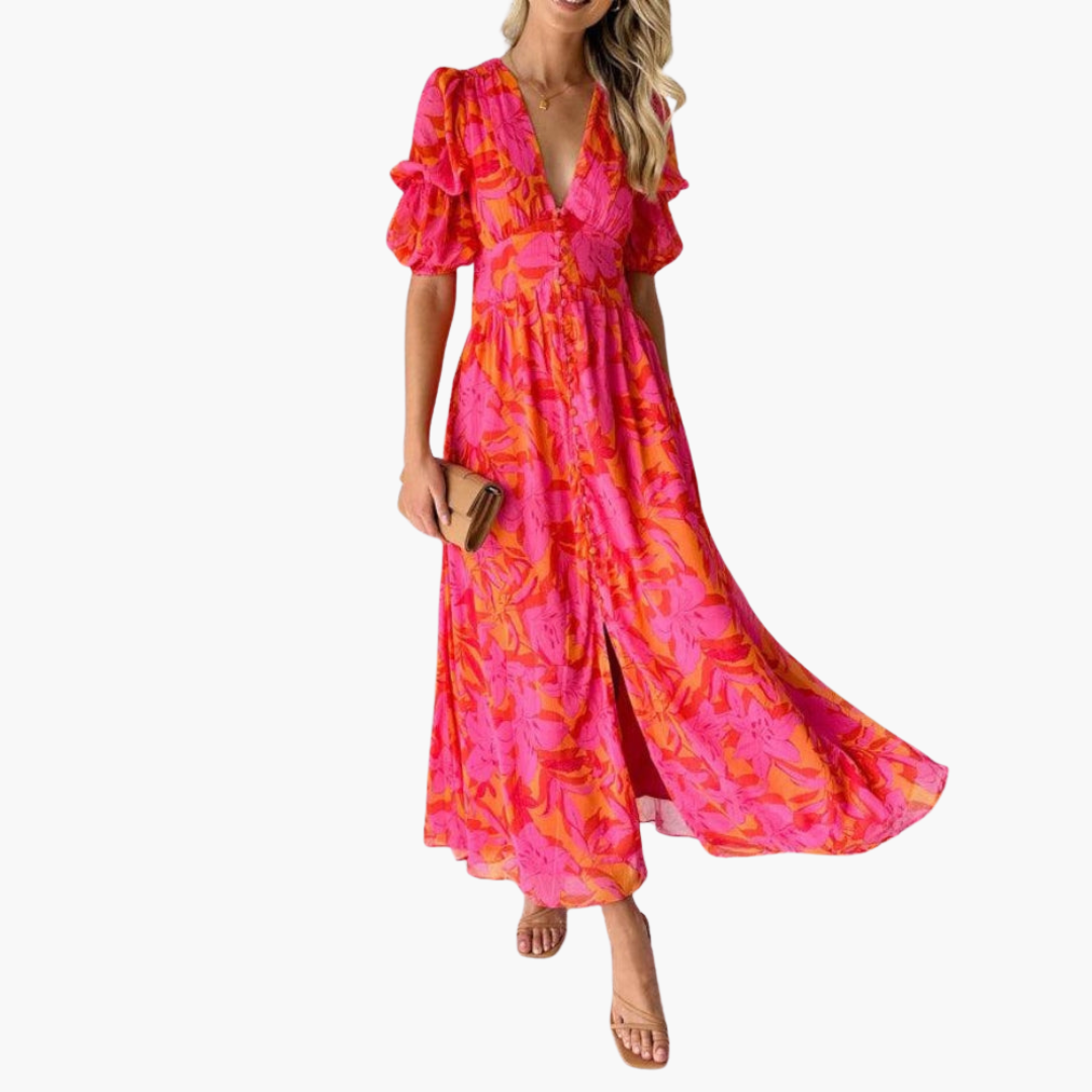 Women's elegant flowing maxi dress | V-neck puff sleeve summer gown 0