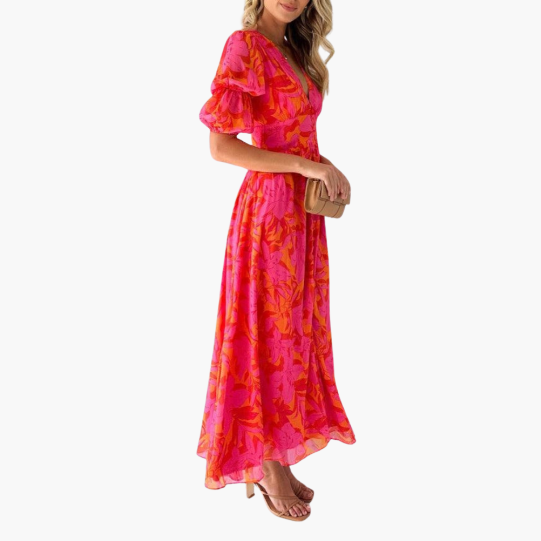 Women's elegant flowing maxi dress | V-neck puff sleeve summer gown 1