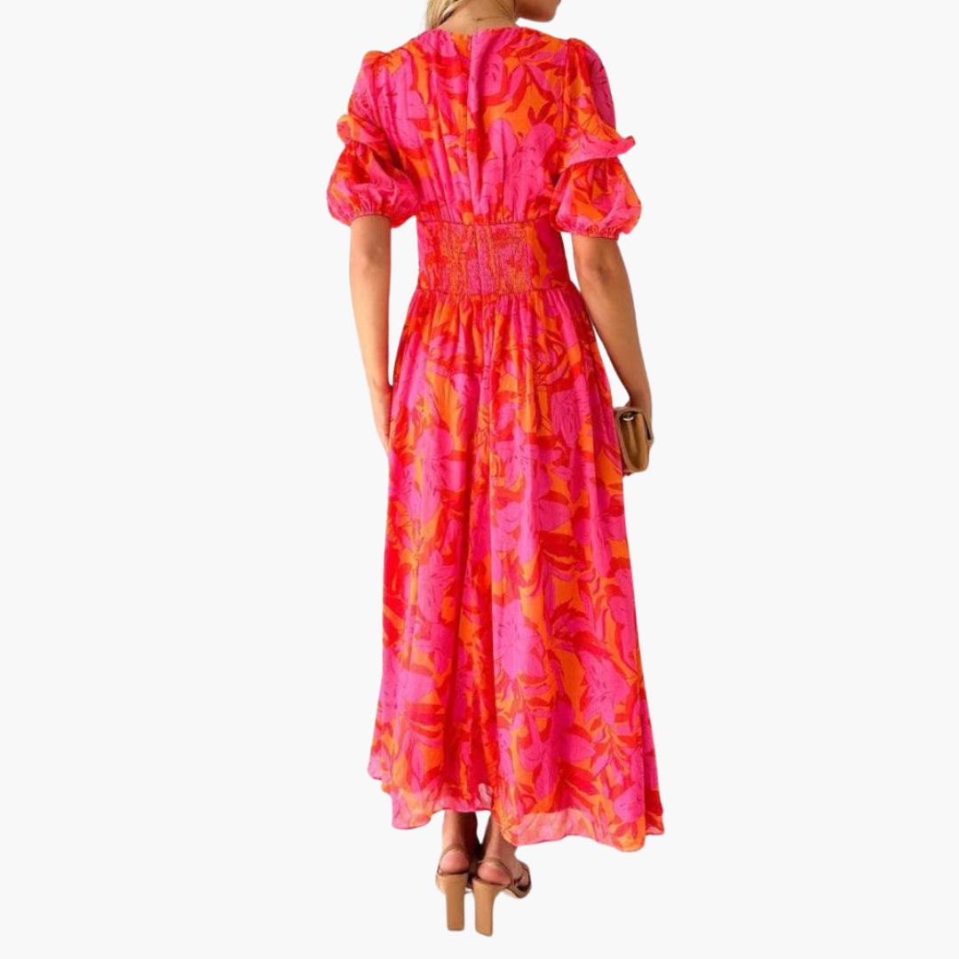 Women's elegant flowing maxi dress | V-neck puff sleeve summer gown 2