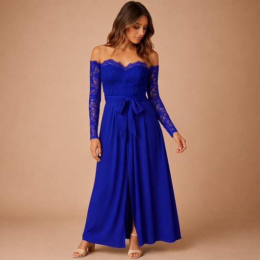 Women's elegant lace jumpsuit | Off-shoulder wide-leg design in navy blue 1