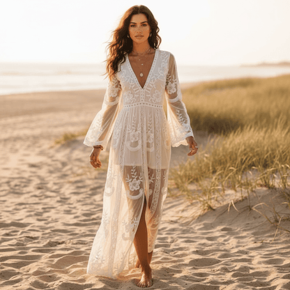 Women's elegant lace maxi dress | Bohemian deep V-neck gown 0