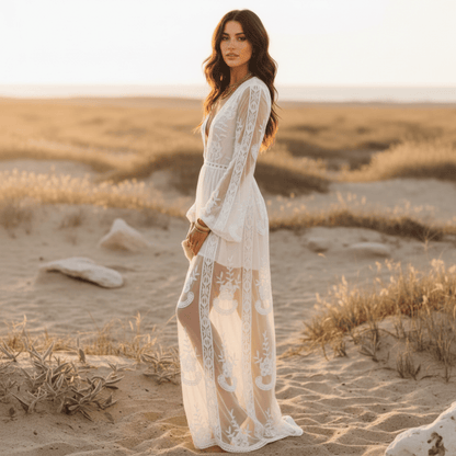 Women's elegant lace maxi dress | Bohemian deep V-neck gown 1