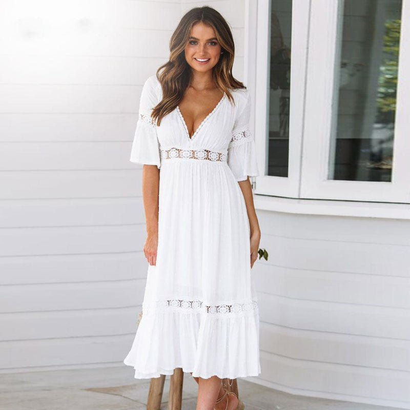 Women's elegant lace summer dress | Chic mid-calf bohemian outfit 0