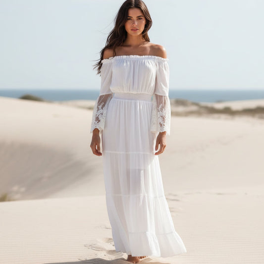 Women's elegant lace white maxi dress | Off-shoulder summer beach gown 0