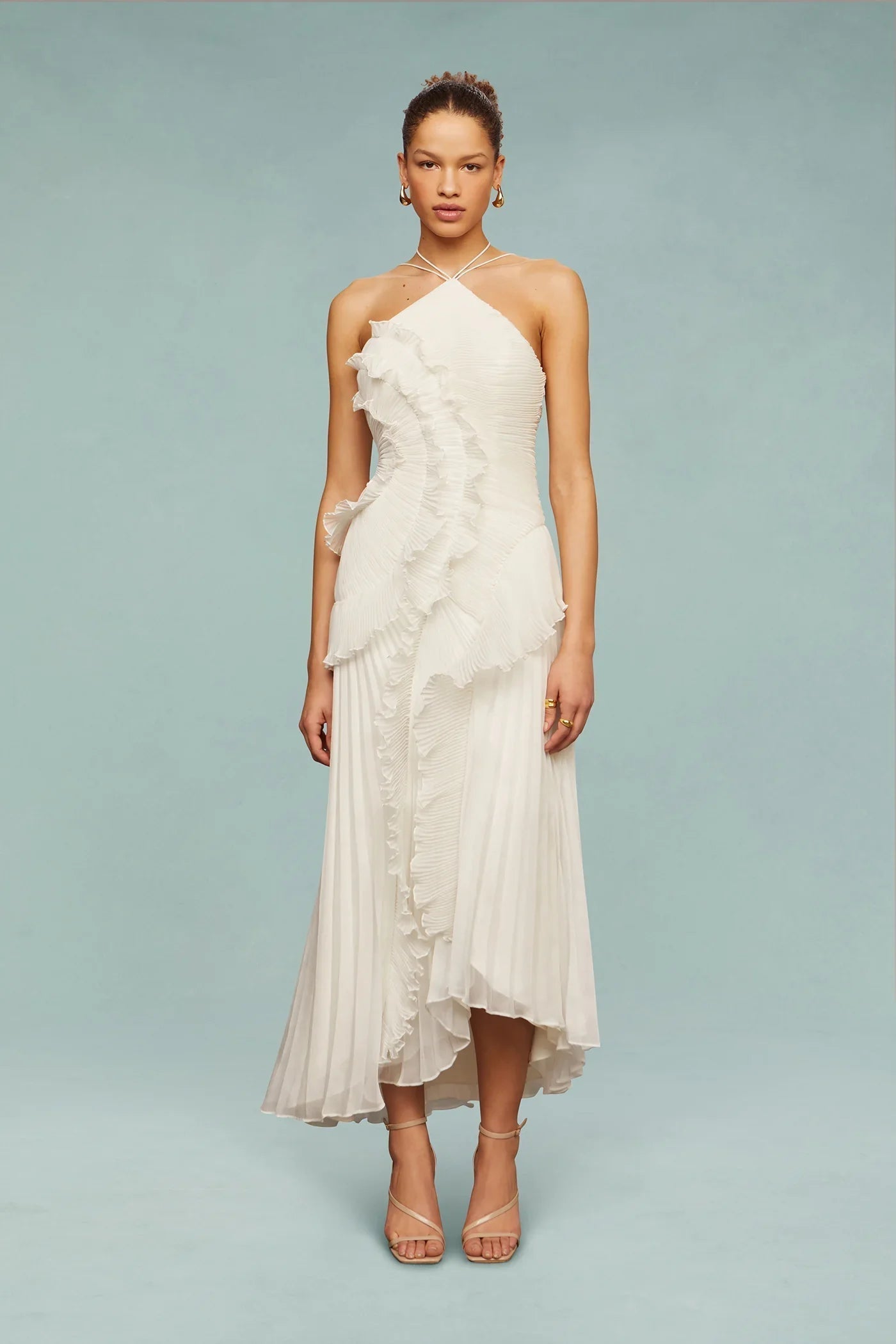 Women's elegant lightweight ruffle halter maxi dress | Floor-length formal wedding guest gown 1
