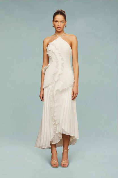 Women's elegant lightweight ruffle halter maxi dress | Floor-length formal wedding guest gown 1