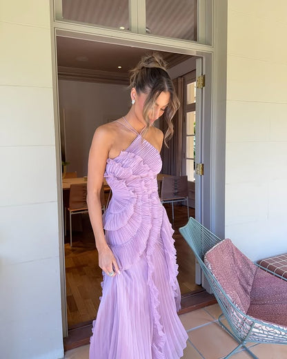 Women's elegant lightweight ruffle halter maxi dress | Floor-length formal wedding guest gown 3