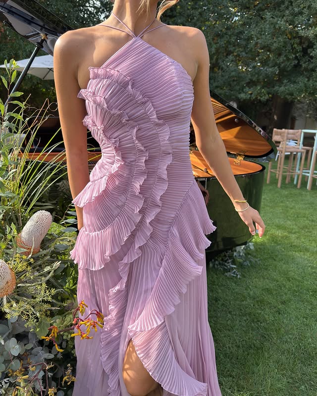 Women's elegant lightweight ruffle halter maxi dress | Floor-length formal wedding guest gown 4