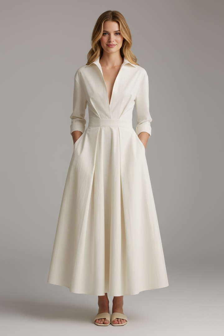 Women's elegant midi dress | Structured shirt collar long sleeve formal dress 0