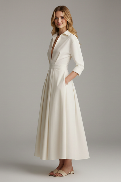 Women's elegant midi dress | Structured shirt collar long sleeve formal dress 2