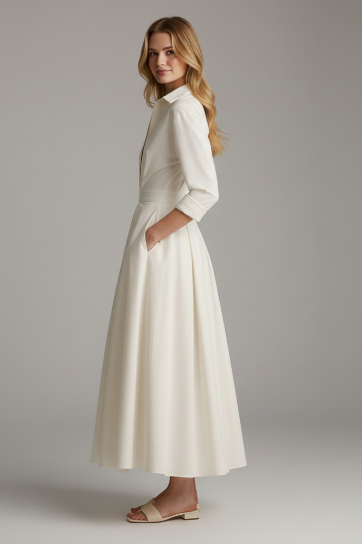 Women's elegant midi dress | Structured shirt collar long sleeve formal dress 4