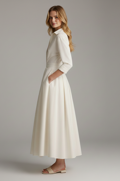 Women's elegant midi dress | Structured shirt collar long sleeve formal dress 4