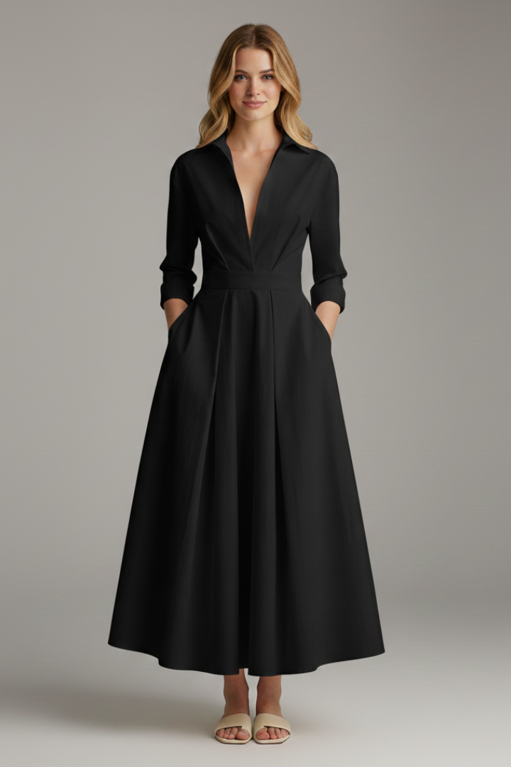 Women's elegant midi dress | Structured shirt collar long sleeve formal dress 5