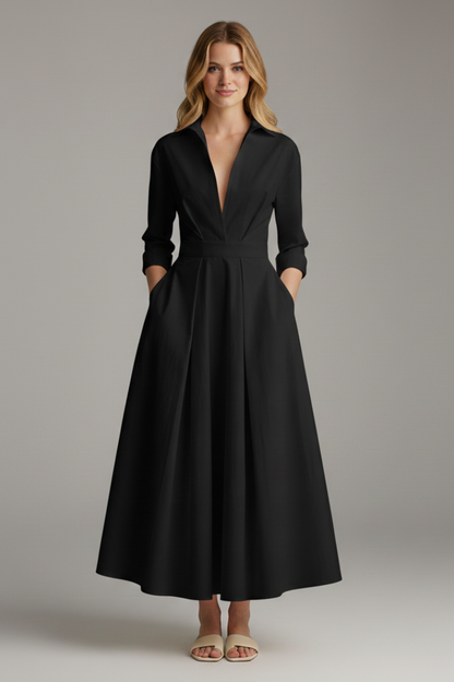 Women's elegant midi dress | Structured shirt collar long sleeve formal dress 5