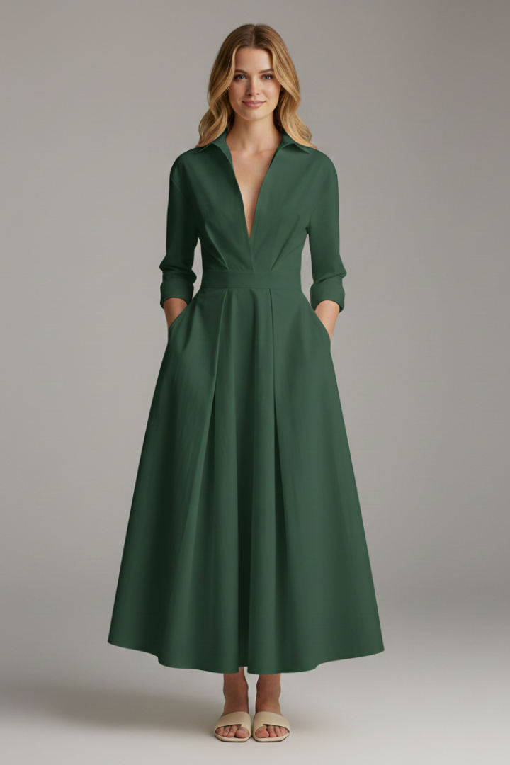 Women's elegant midi dress | Structured shirt collar long sleeve formal dress 6