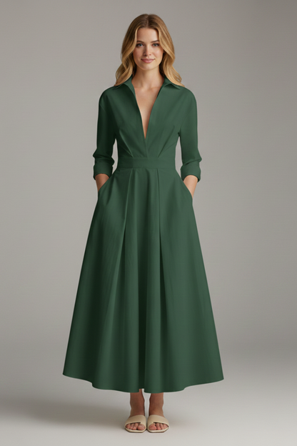 Women's elegant midi dress | Structured shirt collar long sleeve formal dress 6