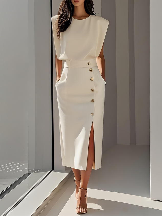 Women's elegant midi dress | Timeless round neck with button slit 0