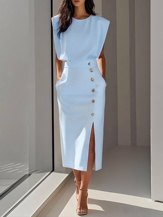 Women's elegant midi dress | Timeless round neck with button slit 2
