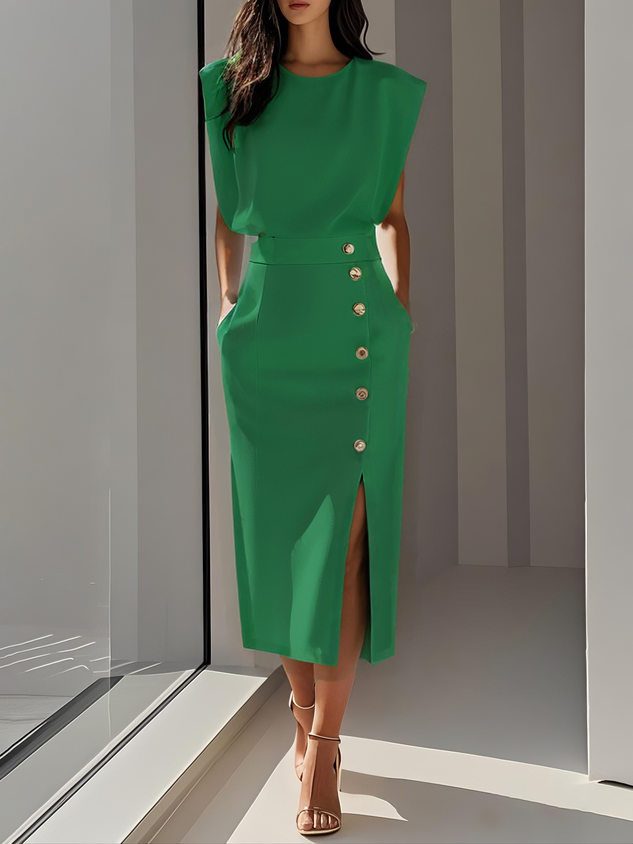 Women's elegant midi dress | Timeless round neck with button slit 3