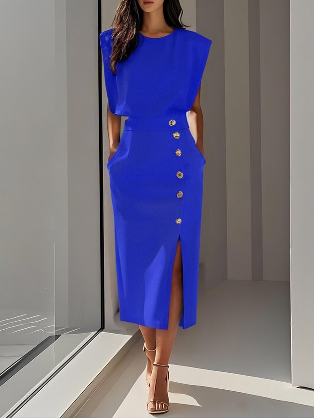 Women's elegant midi dress | Timeless round neck with button slit 5