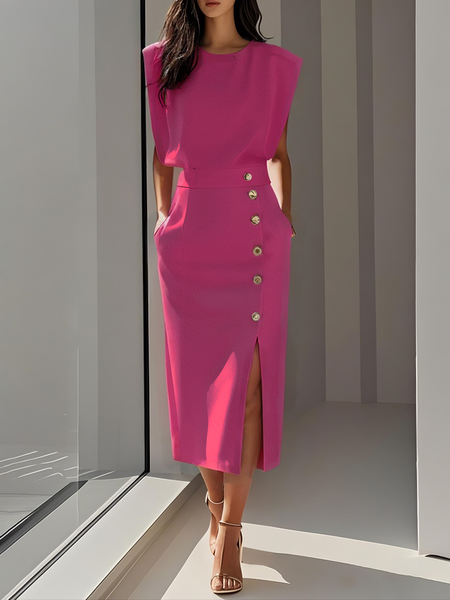 Women's elegant midi dress | Timeless round neck with button slit 6