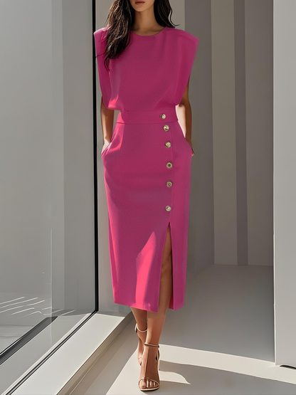 Women's elegant midi dress | Timeless round neck with button slit 6