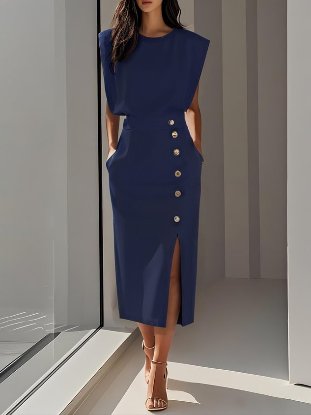 Women's elegant midi dress | Timeless round neck with button slit 7