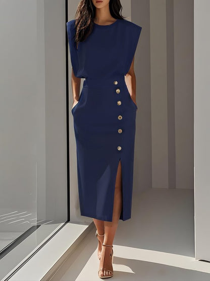 Women's elegant midi dress | Timeless round neck with button slit 7