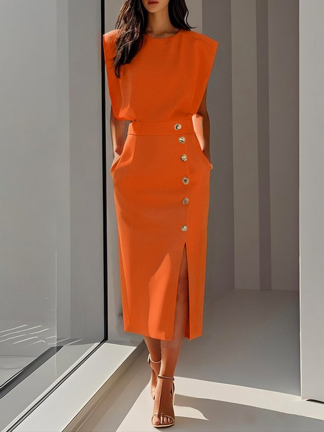 Women's elegant midi dress | Timeless round neck with button slit 8
