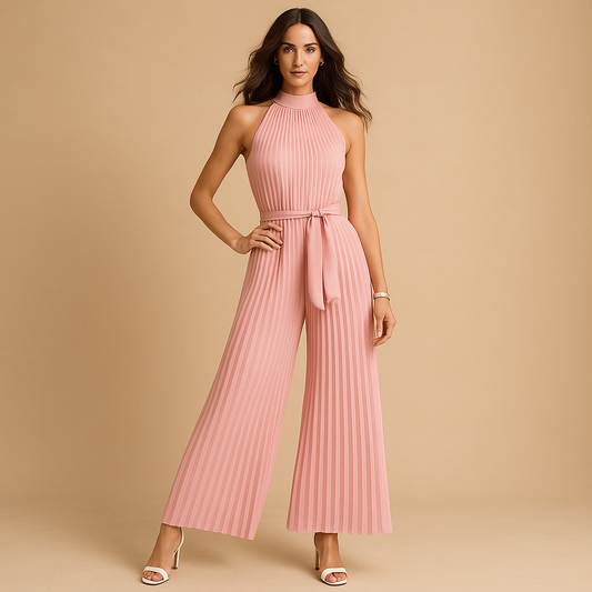 Women's elegant pleated jumpsuit | High-neck wide-leg design in black and white 1