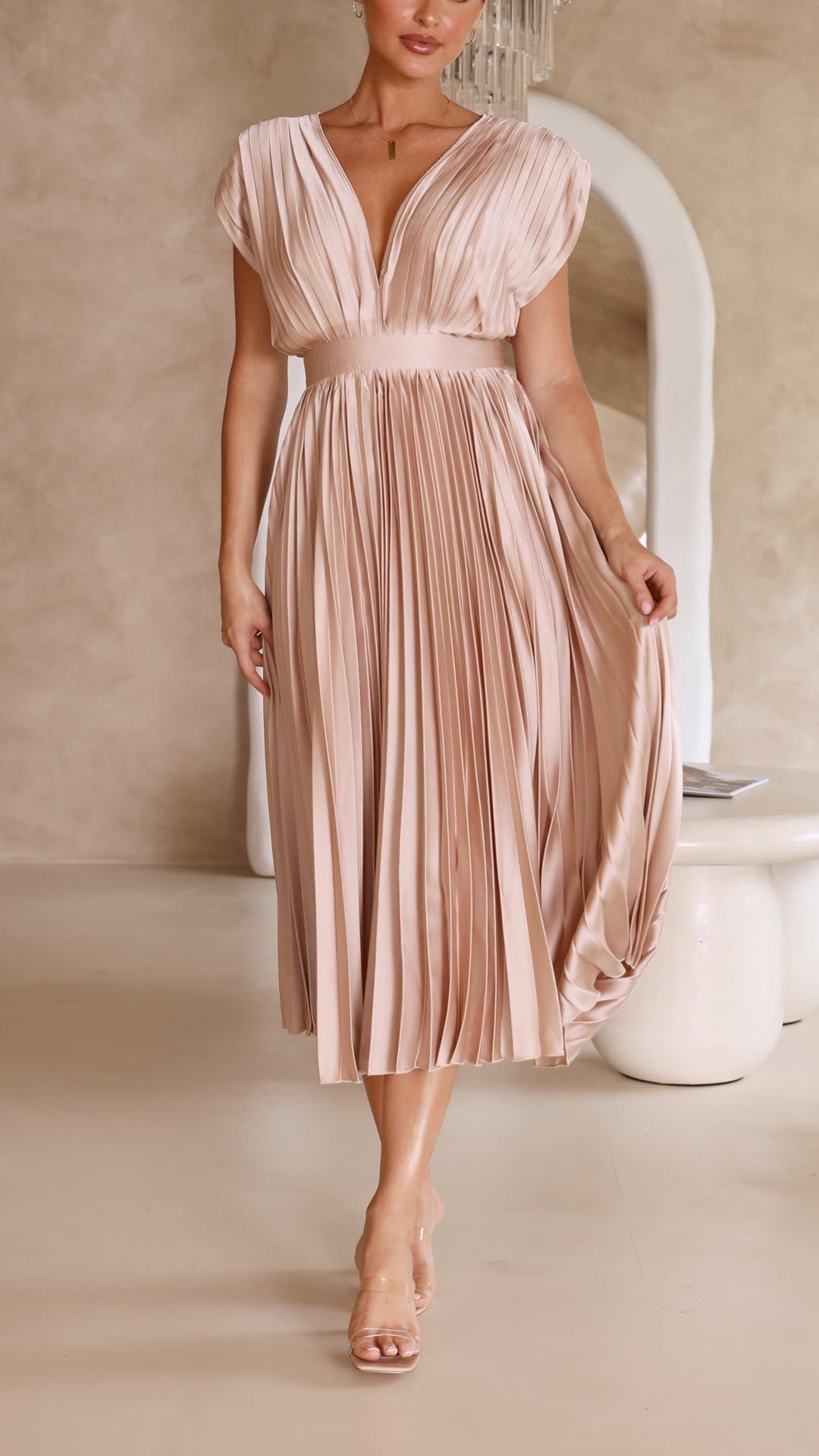 Women's elegant pleated maxi dress | Flattering V-neck summer gown 5