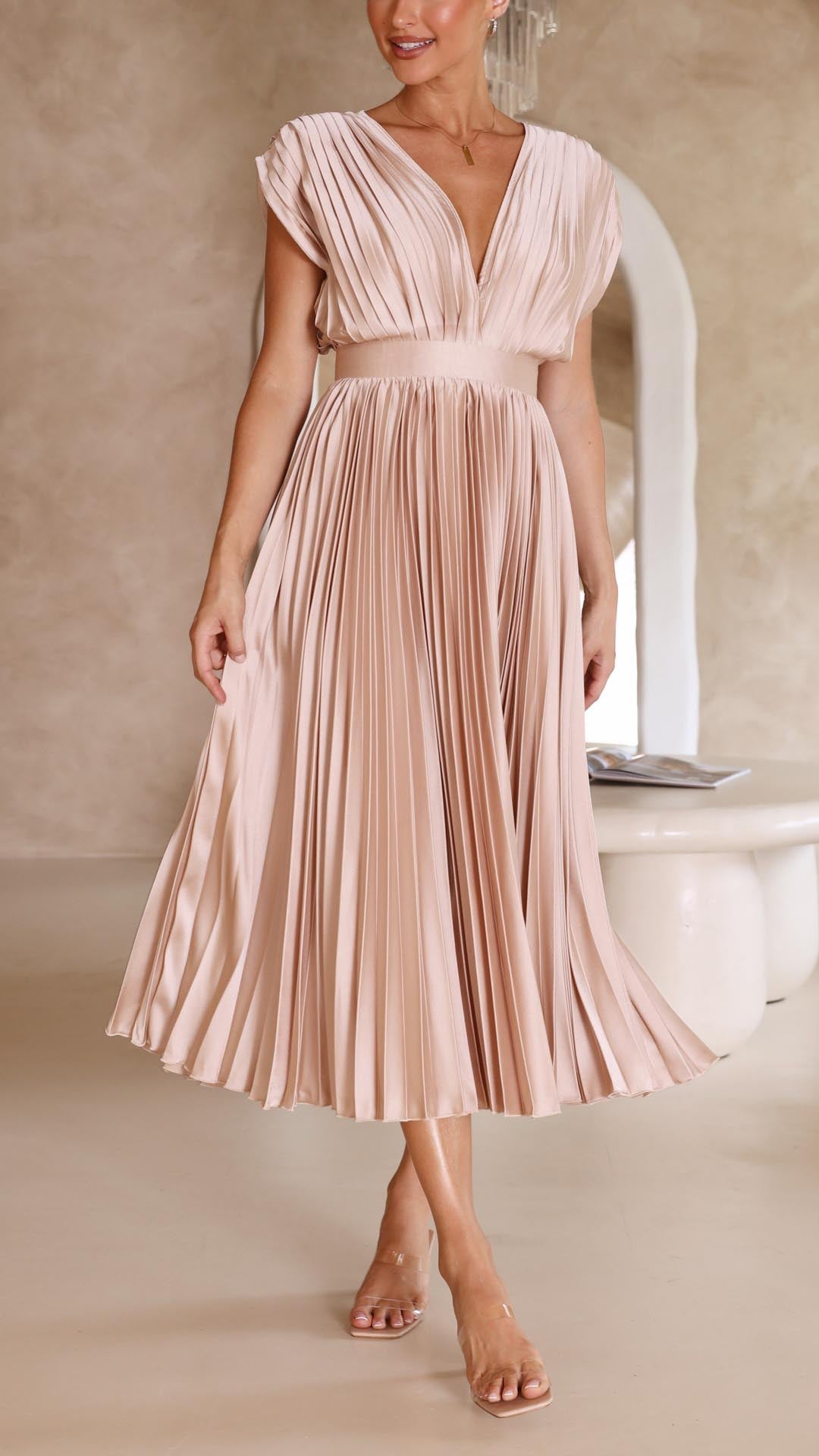 Women's elegant pleated maxi dress | Flattering V-neck summer gown 6