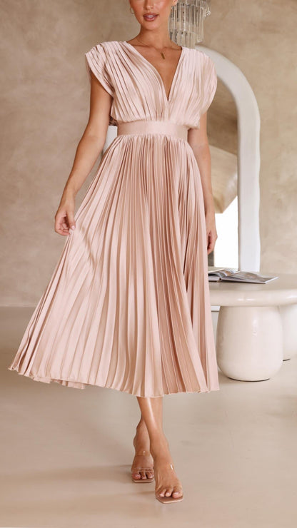 Women's elegant pleated maxi dress | Flattering V-neck summer gown 7