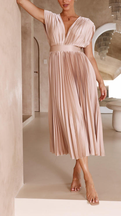 Women's elegant pleated maxi dress | Flattering V-neck summer gown 8