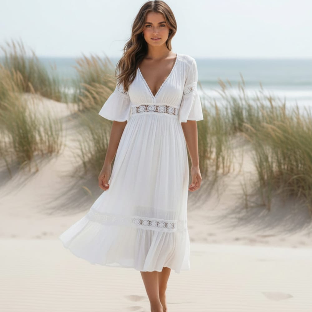Women's elegant polyester lace boho dress | Chic mid-calf beach attire 0