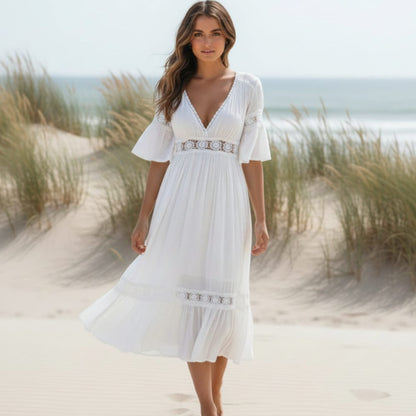 Women's elegant polyester lace boho dress | Chic mid-calf beach attire 0