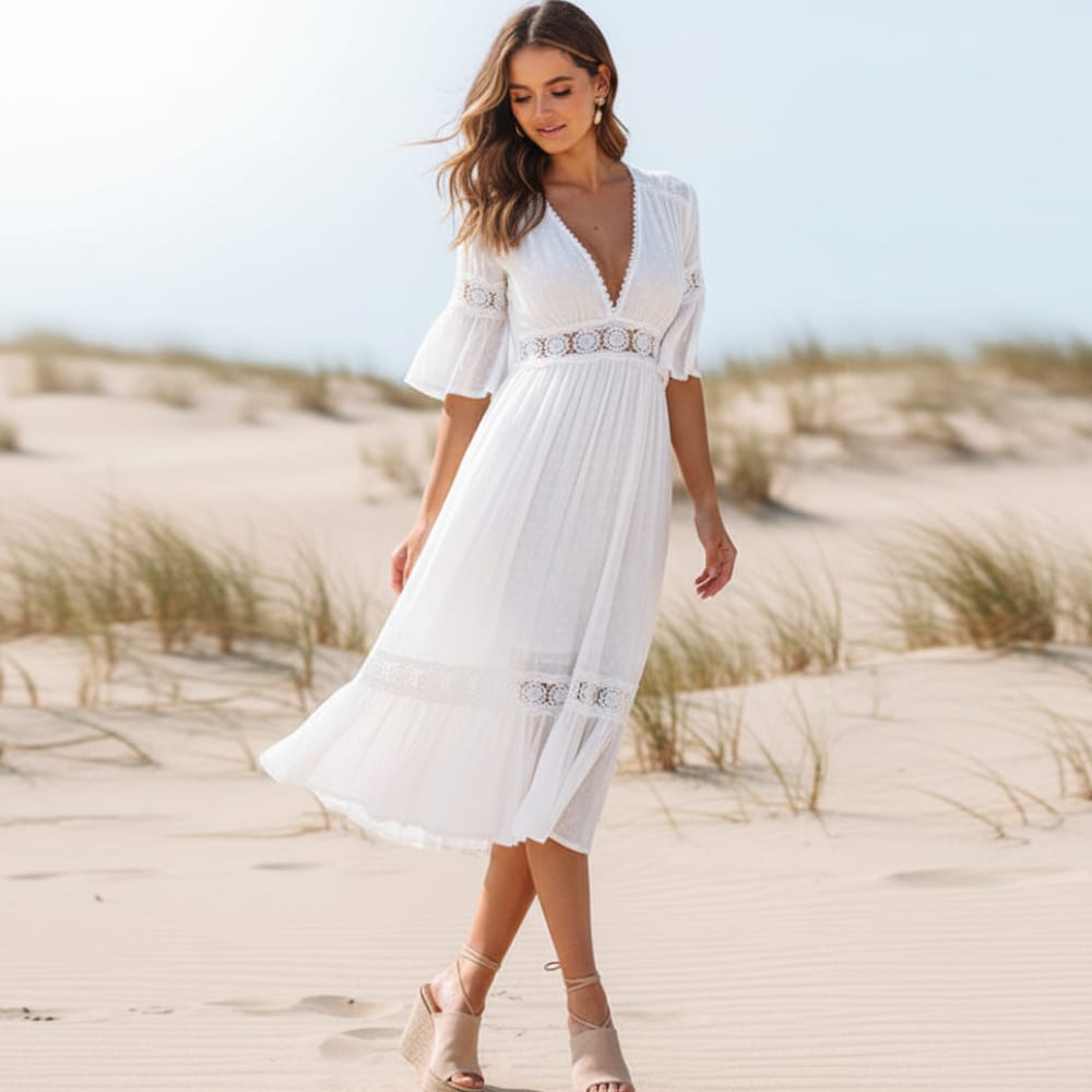 Women's elegant polyester lace boho dress | Chic mid-calf beach attire 1