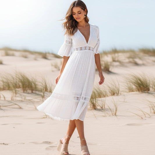 Women's elegant polyester lace boho dress | Chic mid-calf beach attire 1