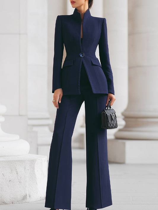 Women's elegant polyester pantsuit | Navy blazer and wide-leg trousers set for formal occasions 0