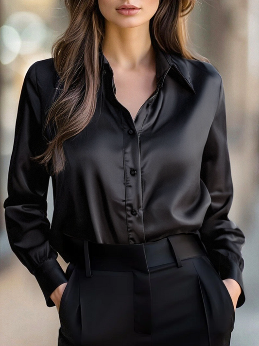 Women's elegant satin blouse | Long sleeve loose fit top for casual and work occasions 0