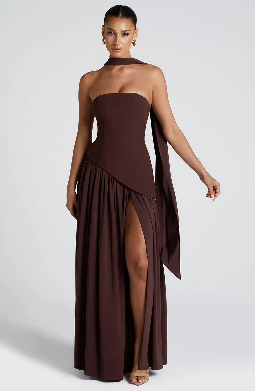 Women's elegant strapless corset evening gown | Long formal dress with high slit 0